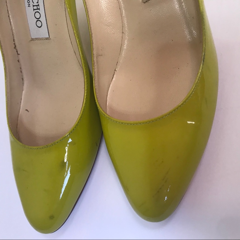 immy Choo Leather Patent Pumps Heels Shoes Almond Toe Chartreuse Green Slides - Picture 8 of 14